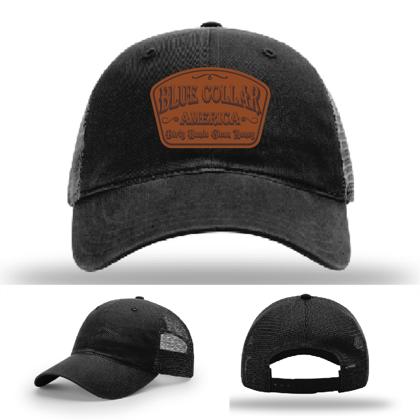 Richardson leather patch hat with 'Blue Collar America β Dirty Hands Clean Money