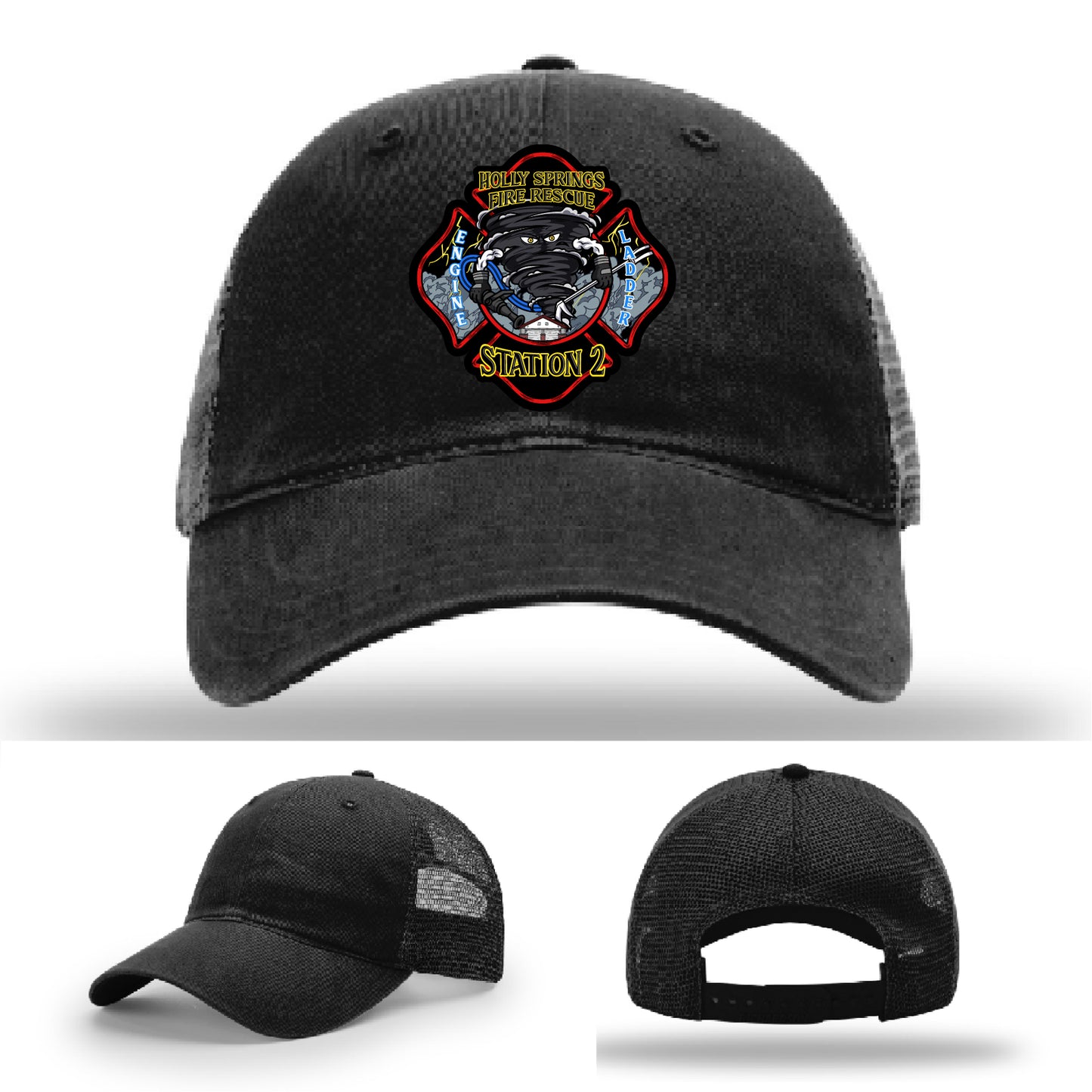 Bold custom firefighter hat with Holly Springs Fire Station 2 logo