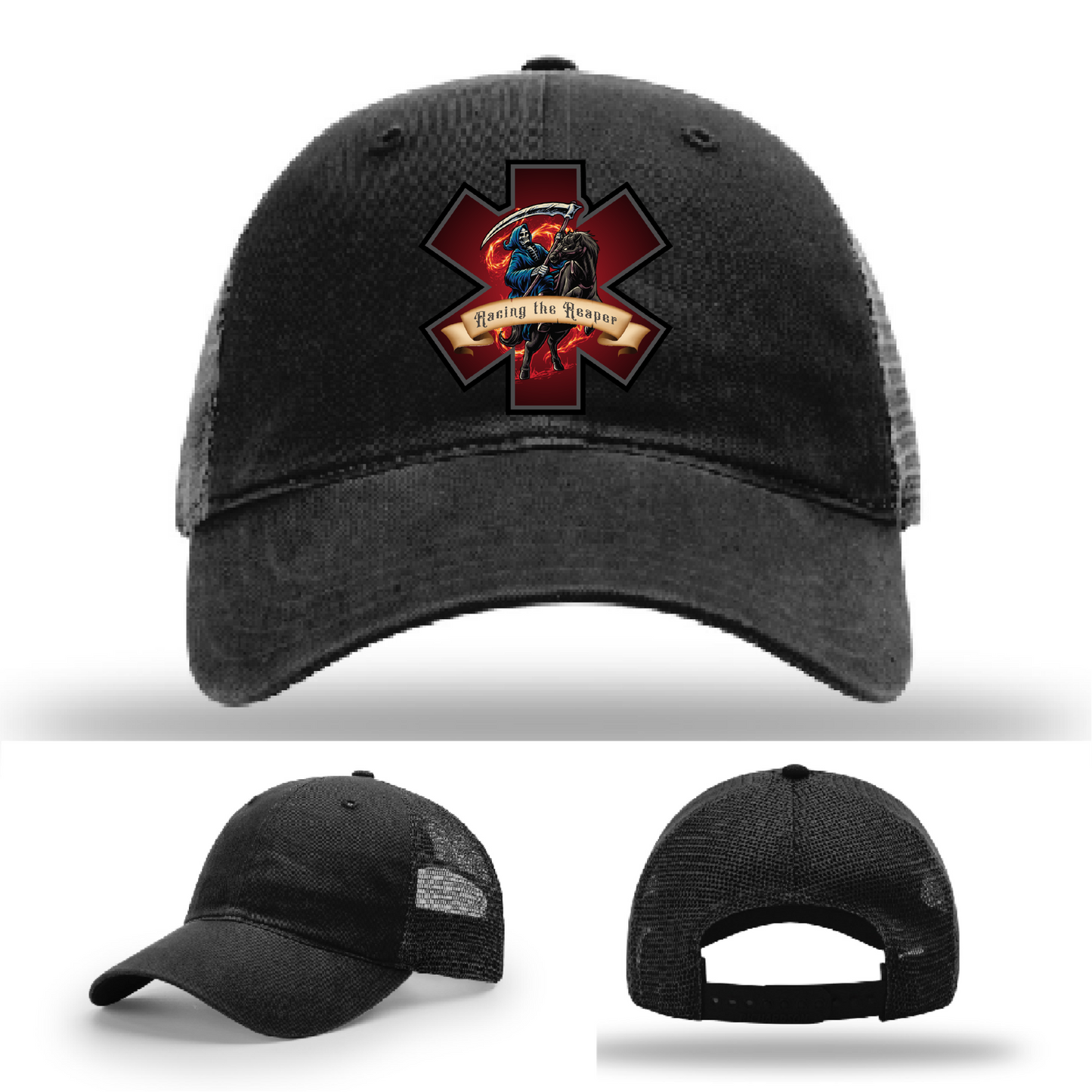 EMS patch variants – Racing the Reaper skull logos on Richardson firefighter hats