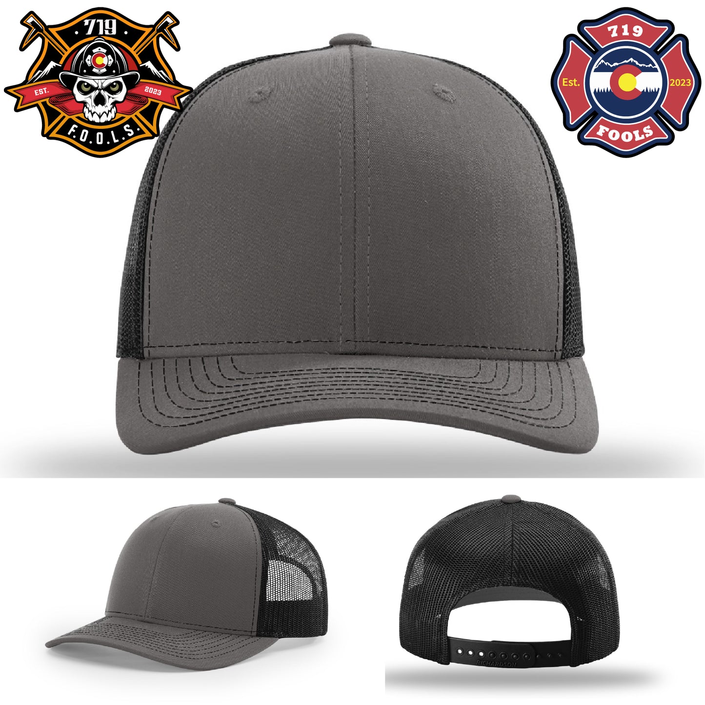 Leather firefighter hat with 719 FOOLS patch on Richardson