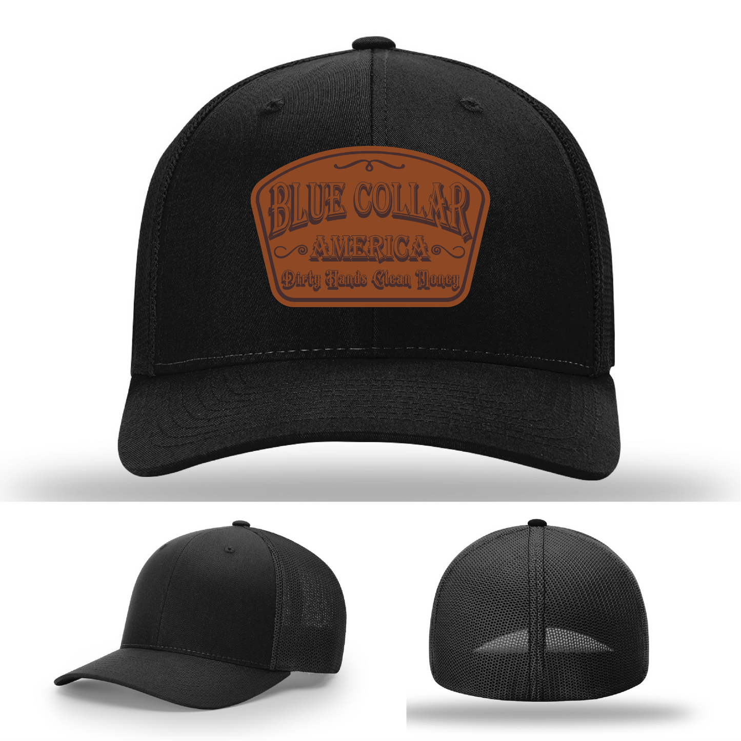 Richardson leather patch hat with 'Blue Collar America β Dirty Hands Clean Money