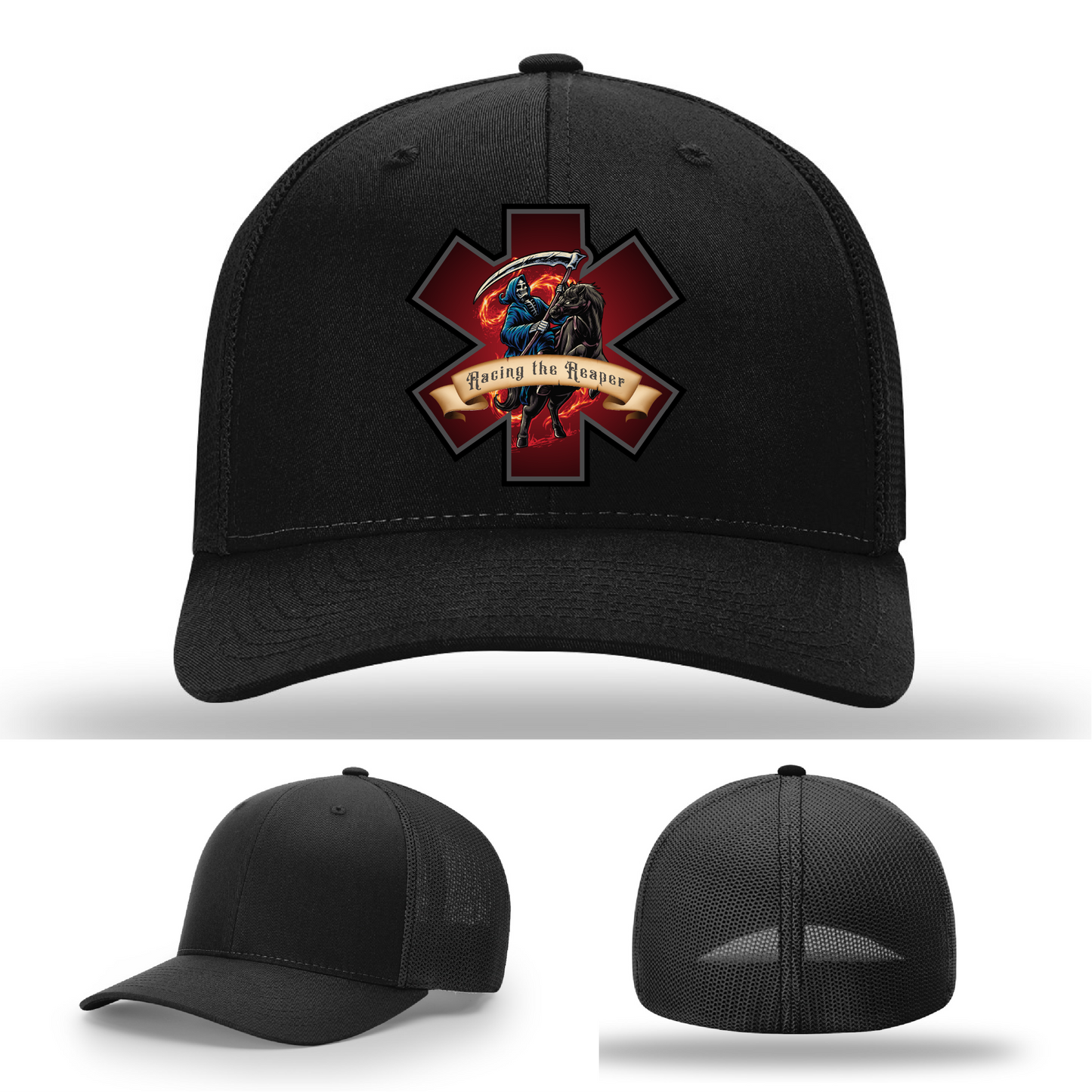 Firefighter gear patch variants – Racing the Reaper leather logo styles shown