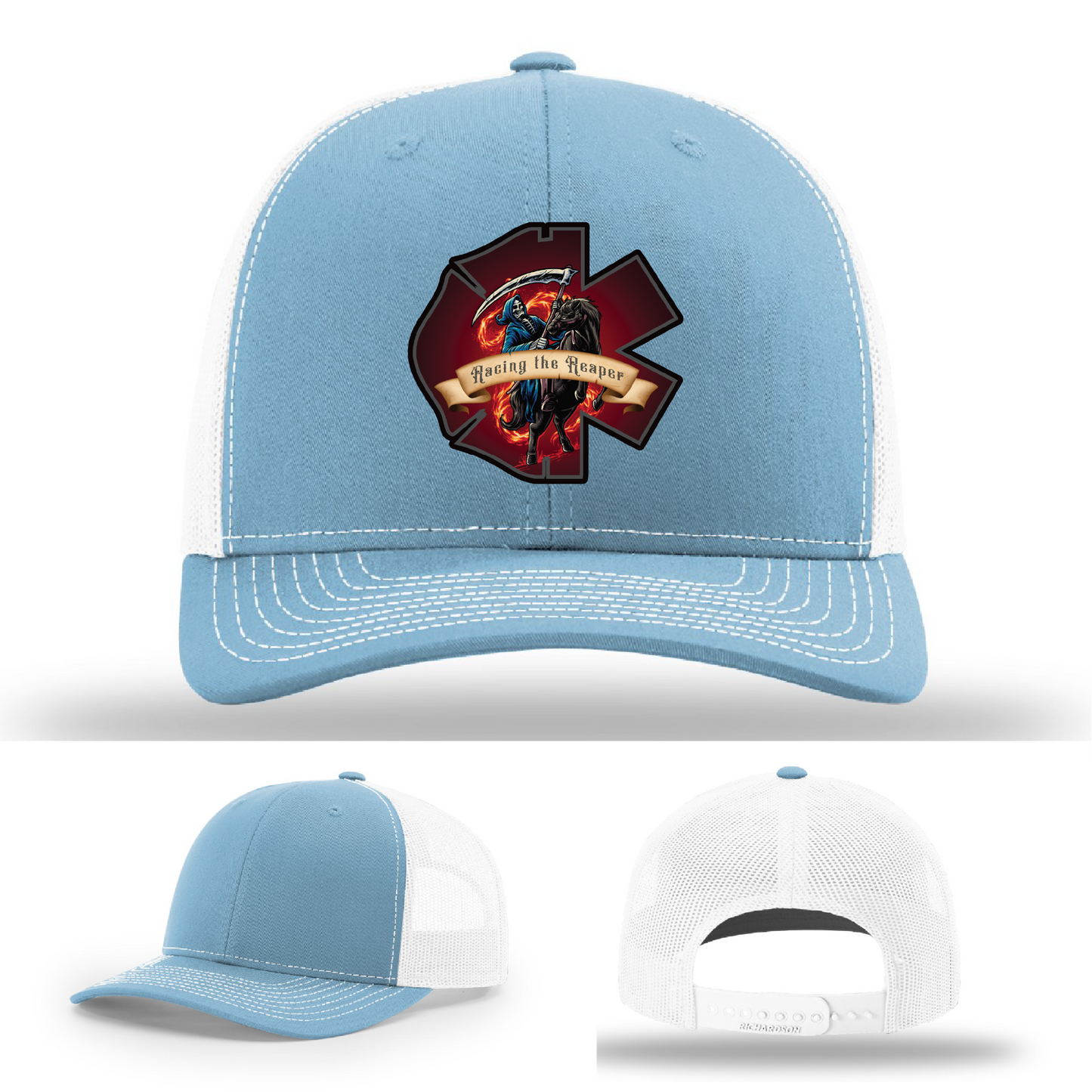 Racing the Reaper patch styles – firefighter hat logo variants with leather detailing