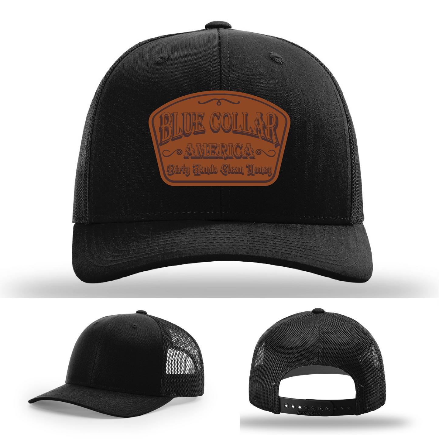 Richardson leather patch hat with 'Blue Collar America β Dirty Hands Clean Money