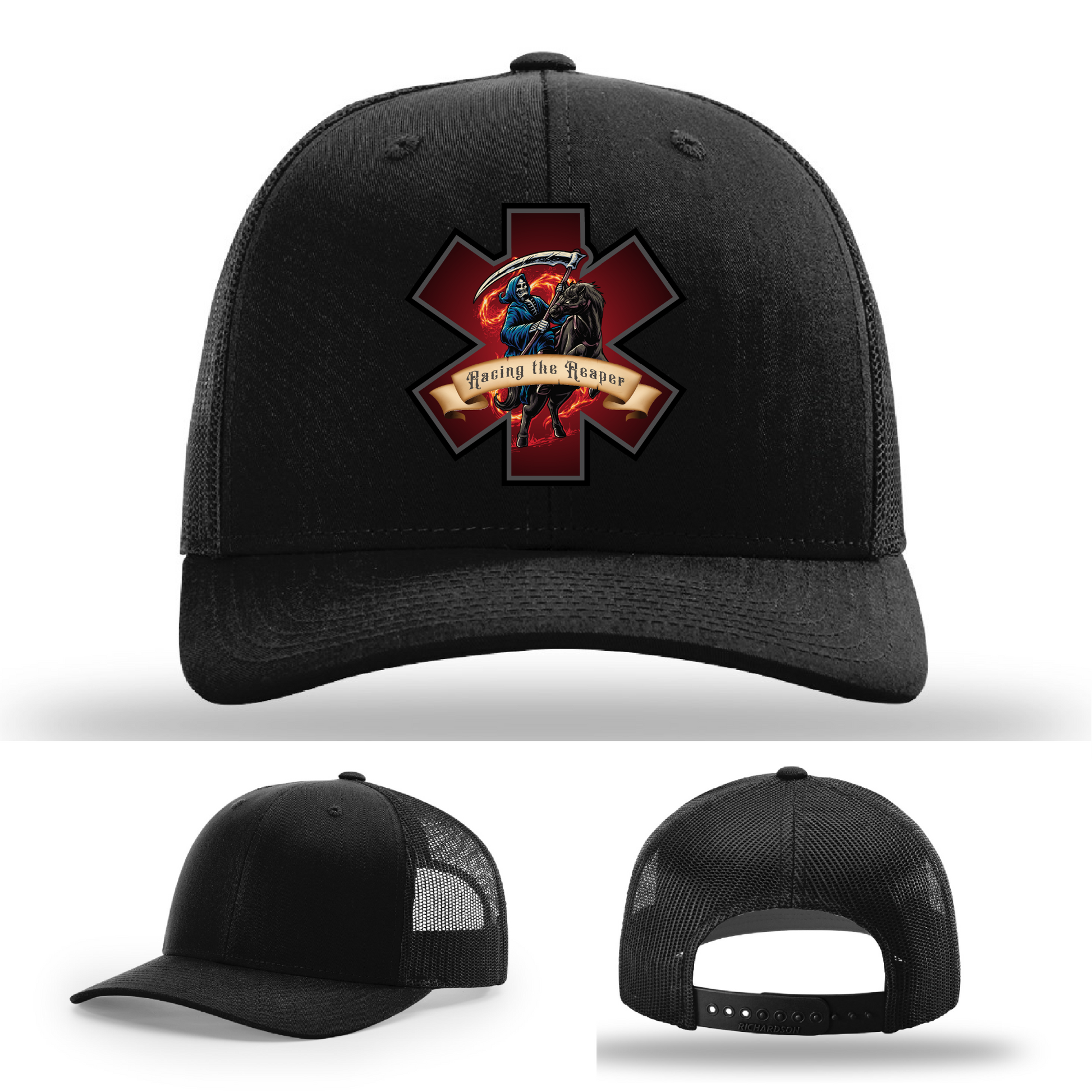 Richardson patch hat options – Racing the Reaper leather firefighter variants