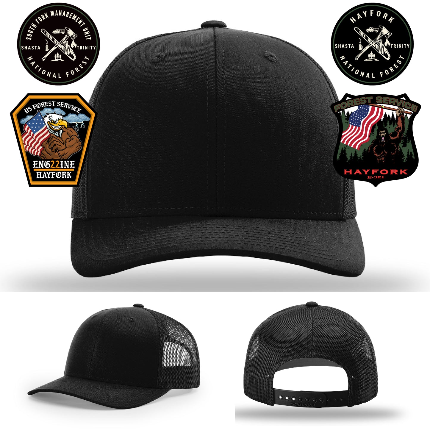 Hayfork Nation Forest firefighter hat featuring custom department logo
