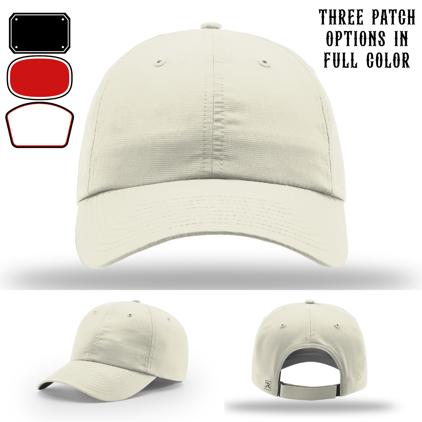 Passport-style leather patch variants shown for custom firefighter Richardson hats – fire patch visual options in passport layout.