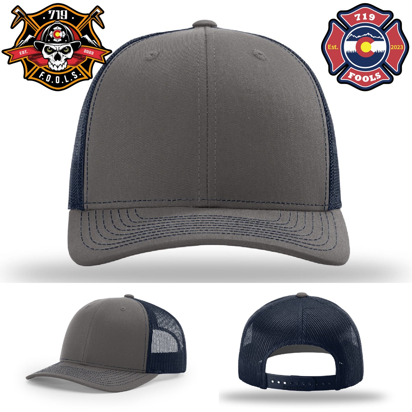 Firefighter-approved hat with 719 FOOLS leather patch on Richardson