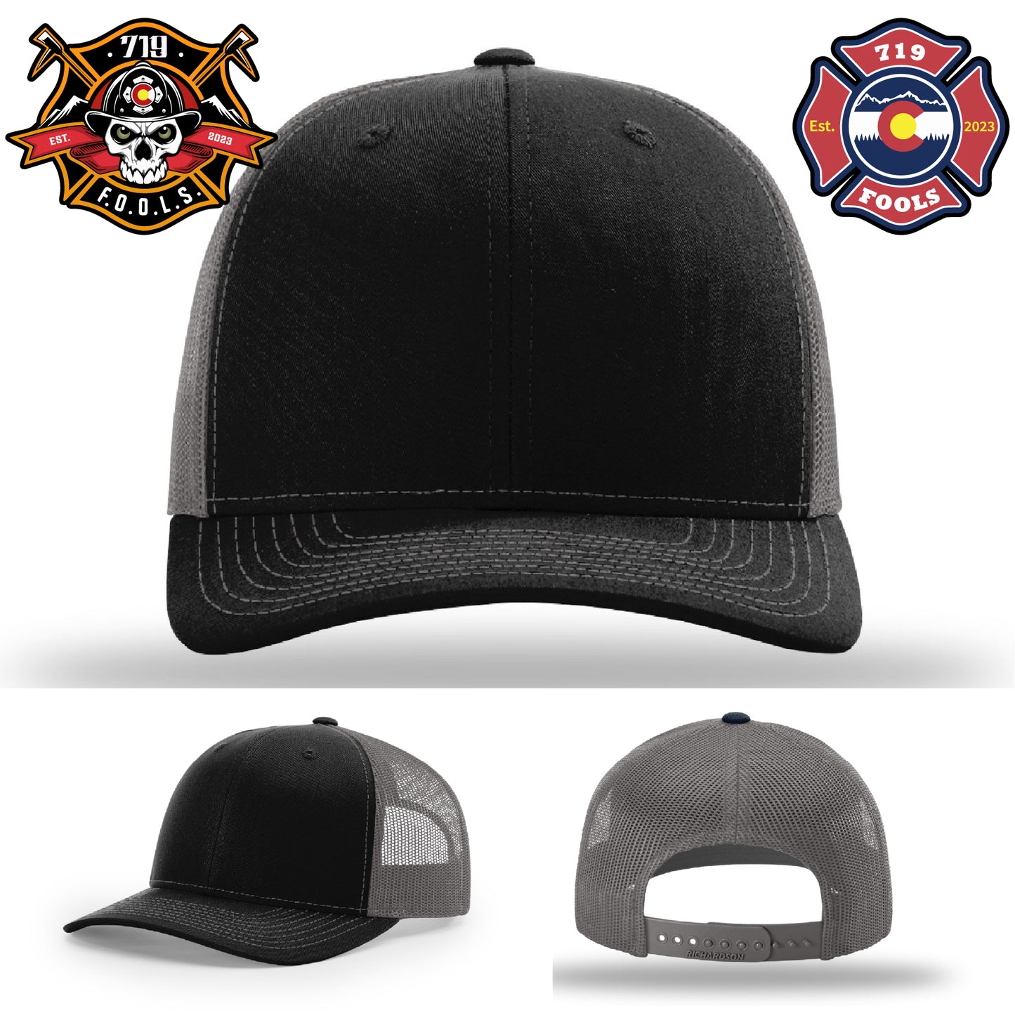Richardson hat with 719 FOOLS fire logo in custom leather
