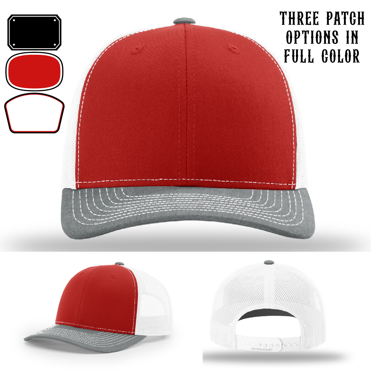 Passport-style leather patch variants shown for custom firefighter Richardson hats – Richardson layout preview for passport gear.