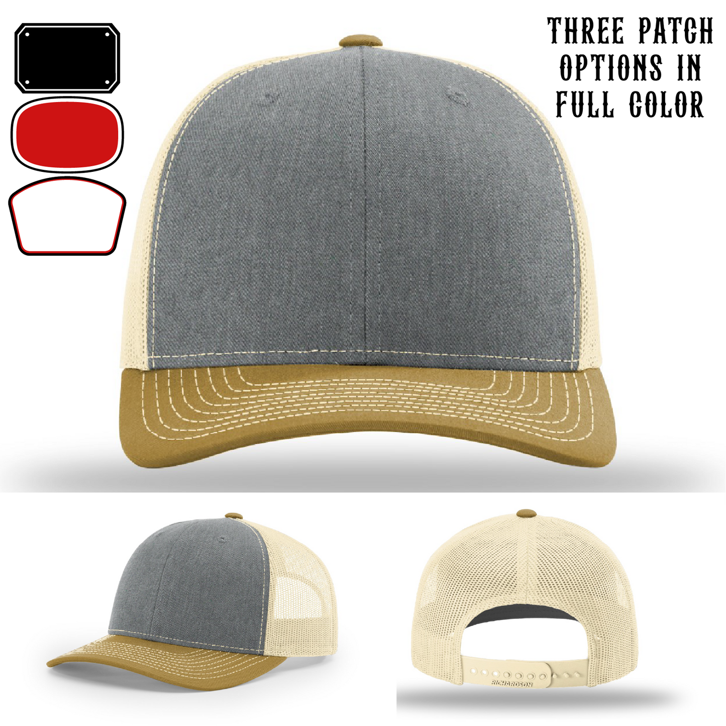 Passport-style leather patch variants shown for custom firefighter Richardson hats – station-themed patch style display for firemen.