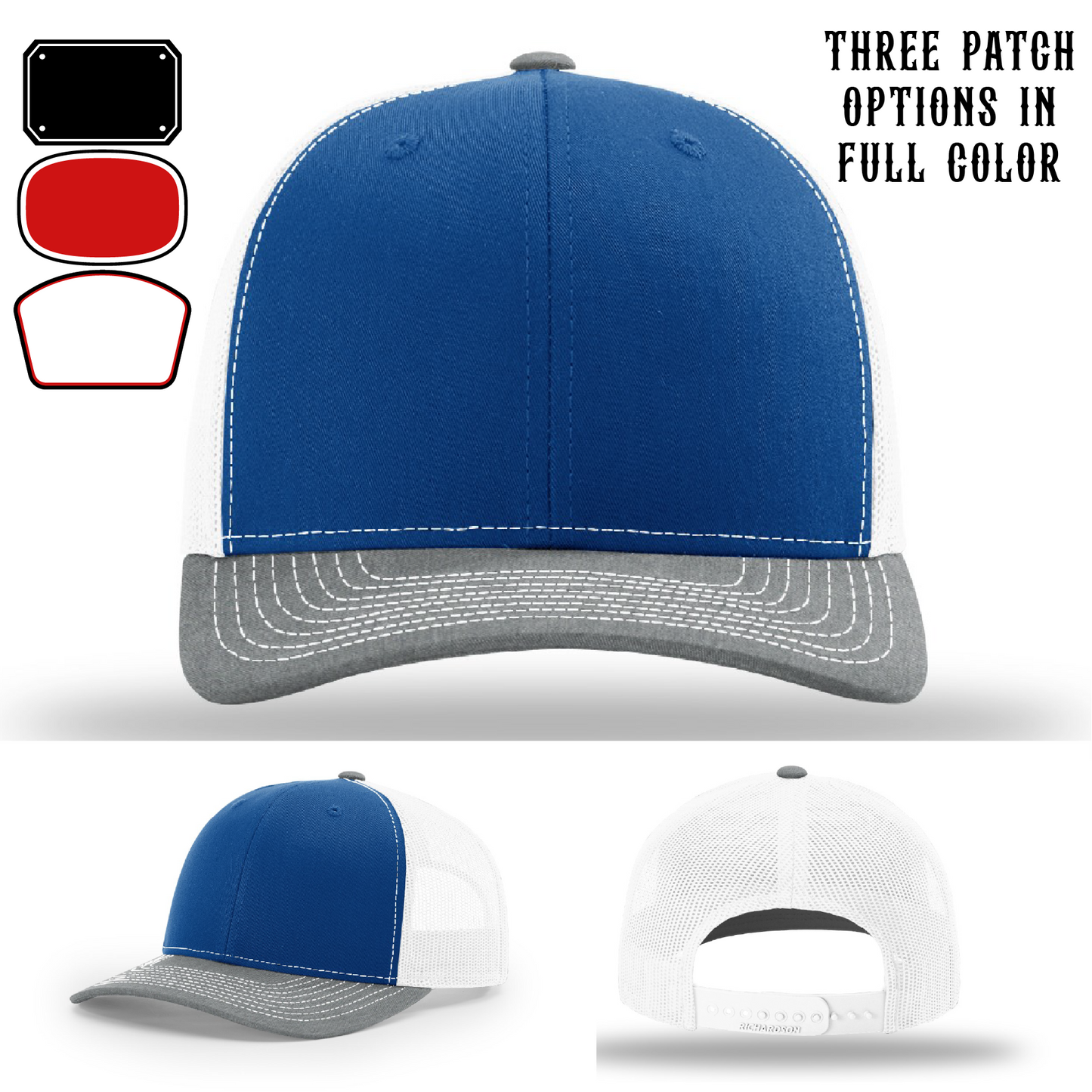 Passport-style leather patch variants shown for custom firefighter Richardson hats – Richardson hat patch shape preview for fire crews.