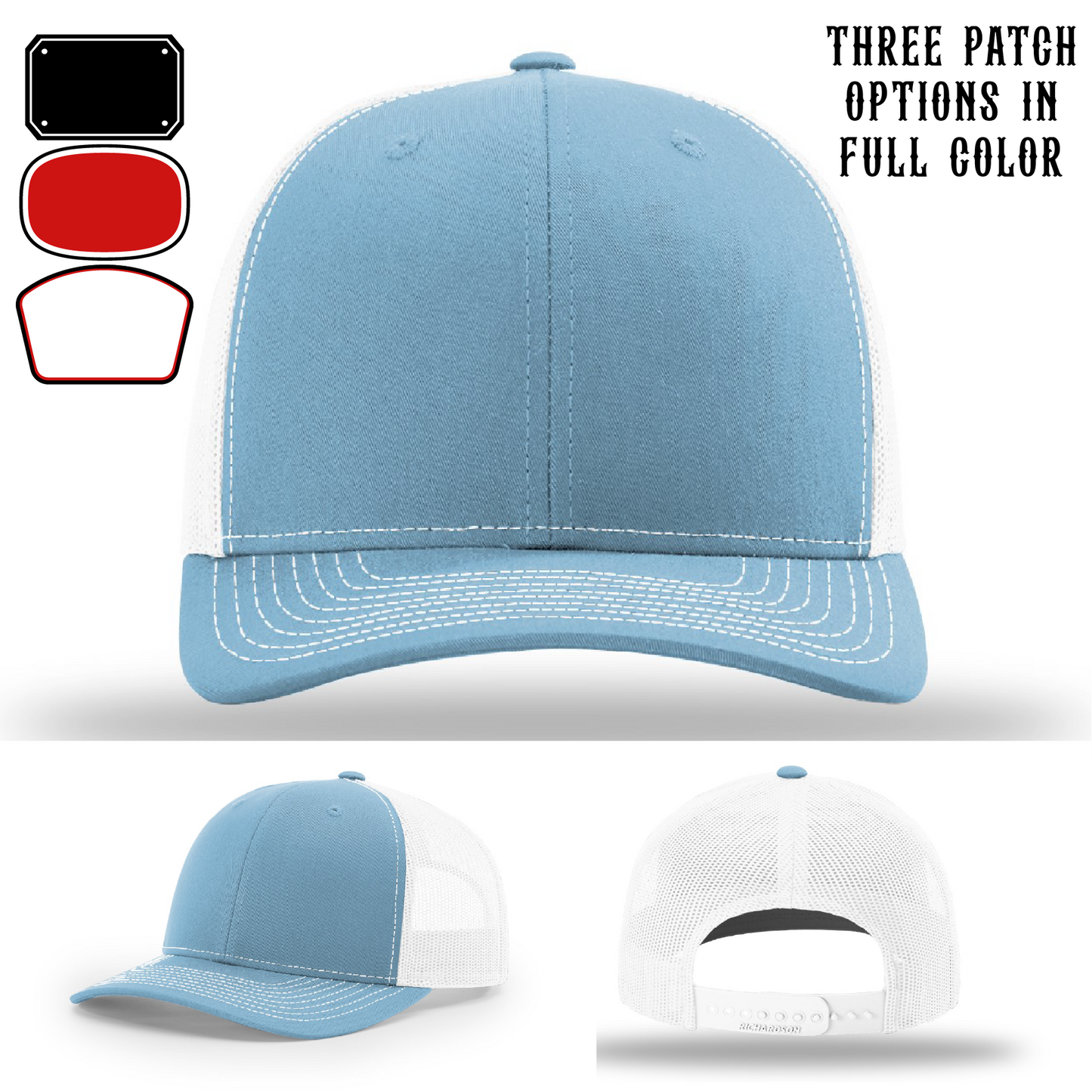 Passport-style leather patch variants shown for custom firefighter Richardson hats – custom firefighter patch options in display format.