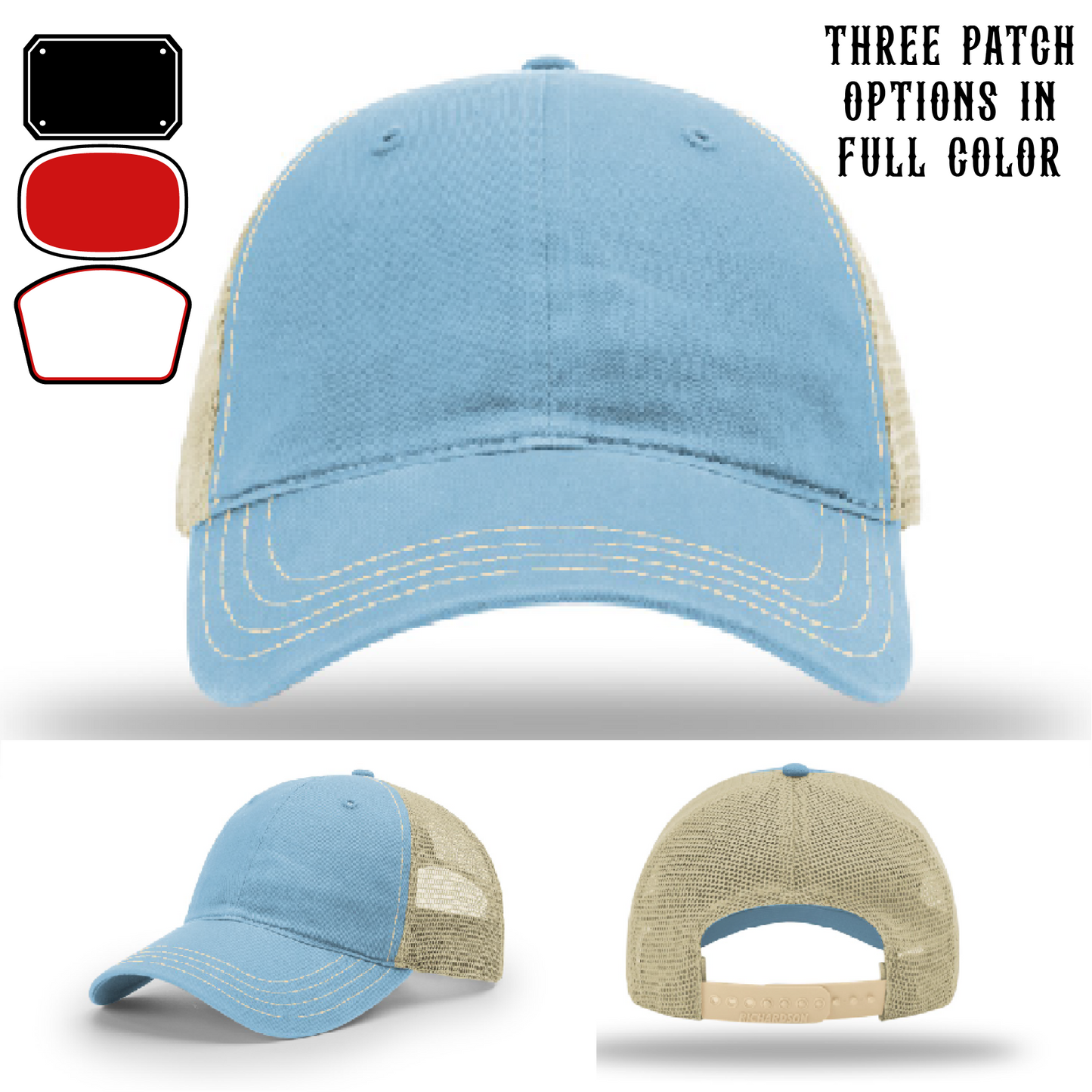 Passport-style leather patch variants shown for custom firefighter Richardson hats – passport series variant view on Richardson sample.