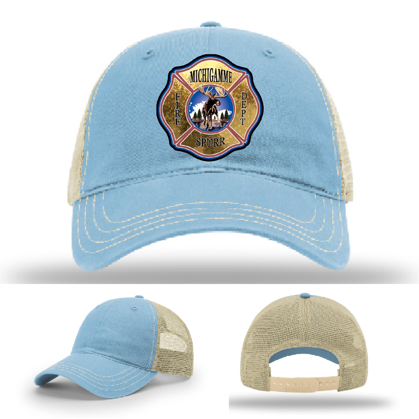 Custom firehouse hat for Michigamme team ideal for representing fire service roots – handmade look with clean finish