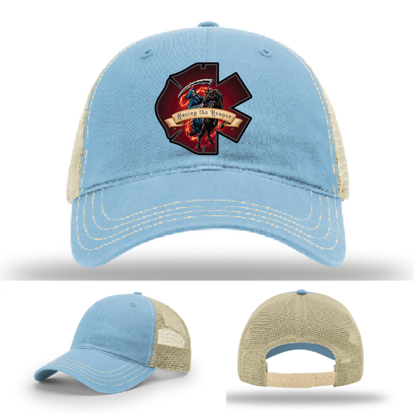Grim Reaper leather patch logos – EMS firefighter themes on Richardson hat variants