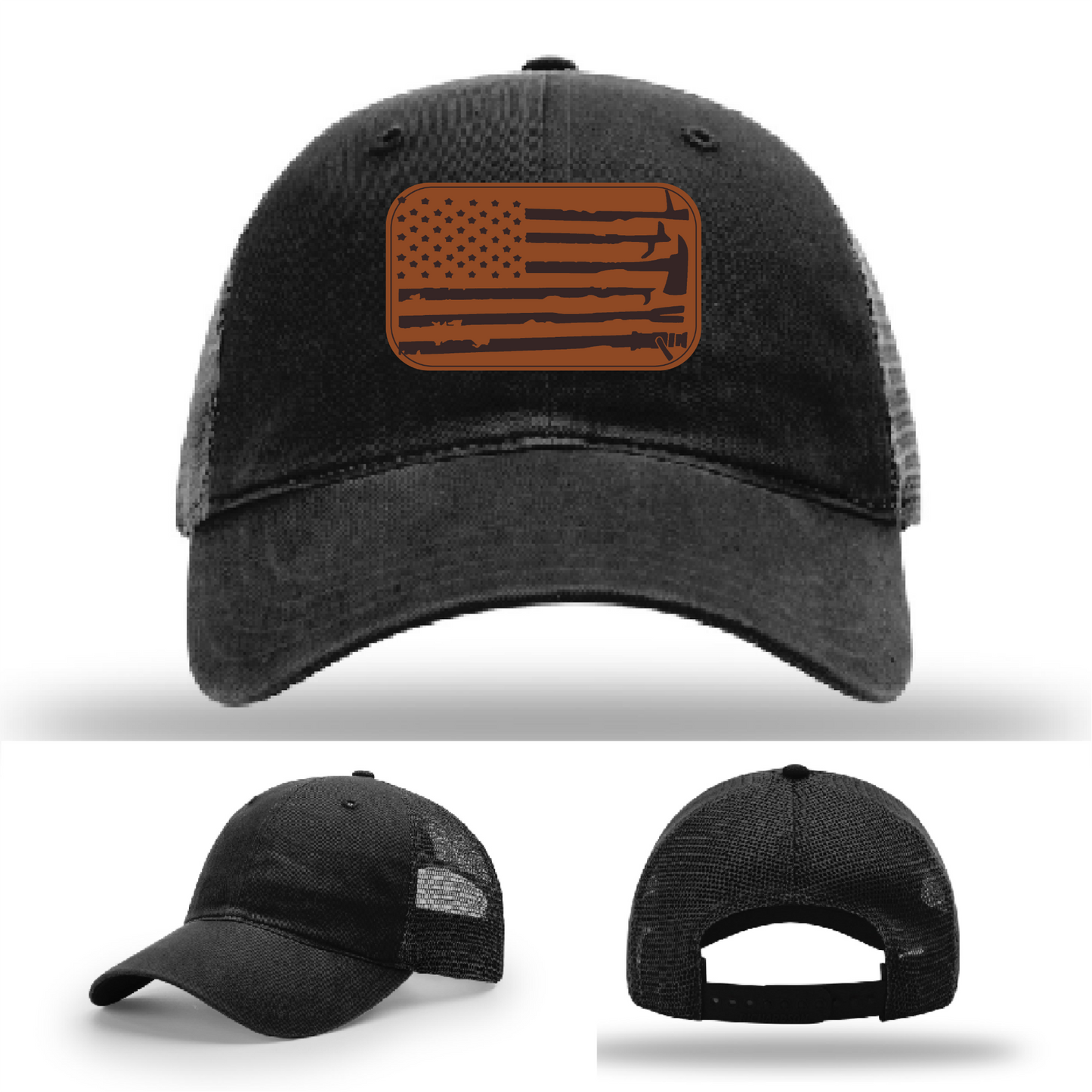 Leather patch firefighter hat – Richardson cap with fire tool American flag design