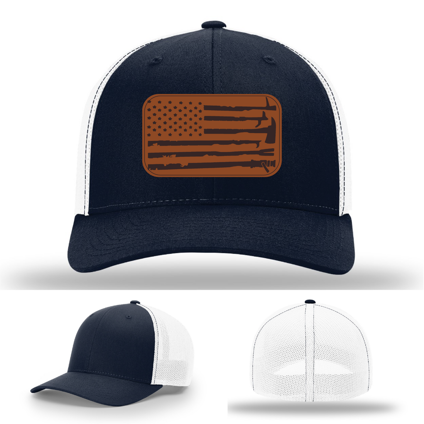 Leather patch firefighter hat – Richardson cap with fire tool American flag design