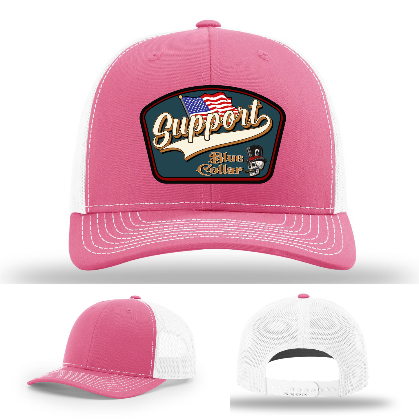 Richardson leather patch hat with 'Support Blue Collar' American flag design