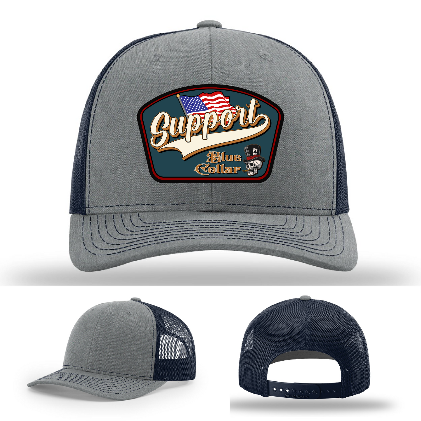 Richardson leather patch hat with 'Support Blue Collar' American flag design