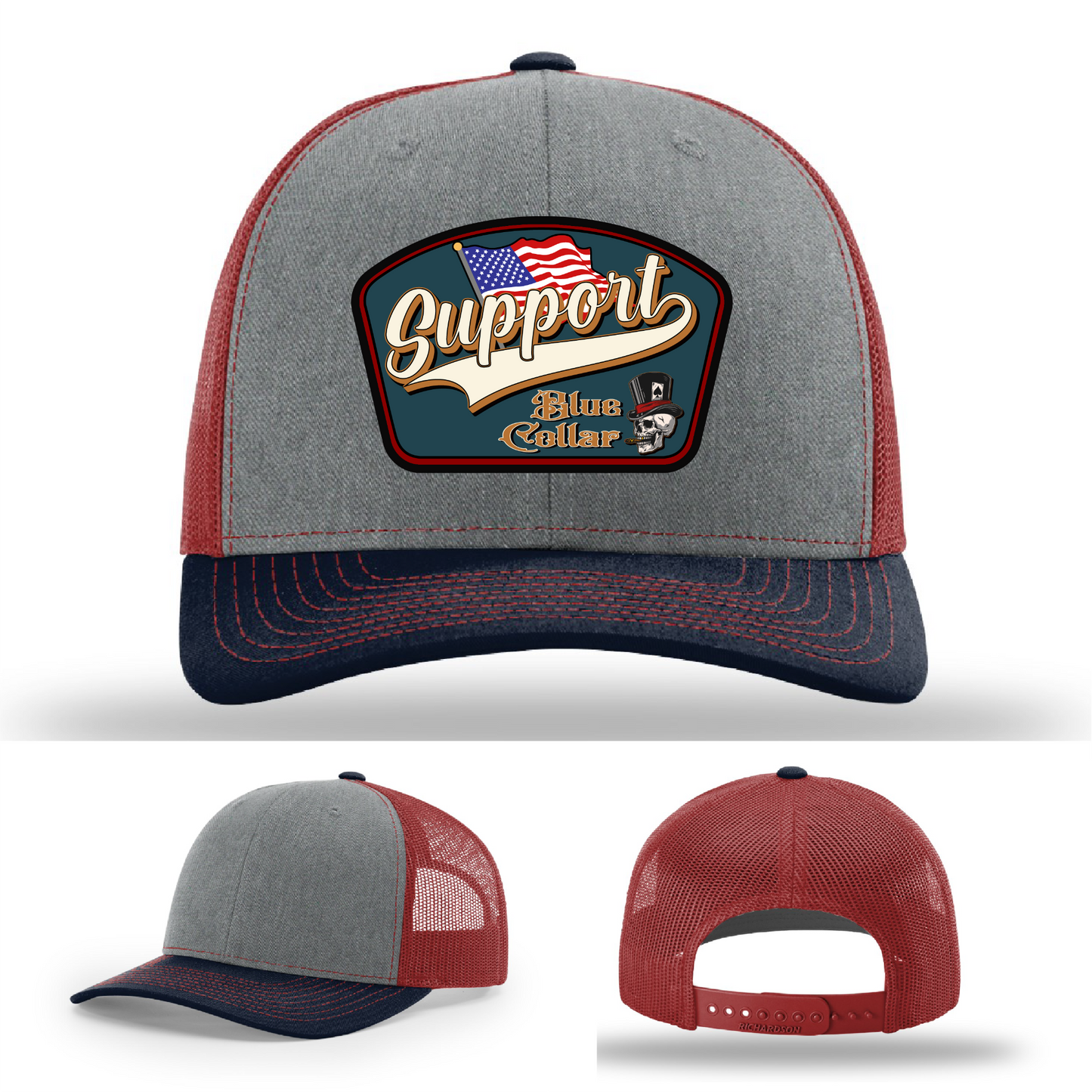 Richardson leather patch hat with 'Support Blue Collar' American flag design