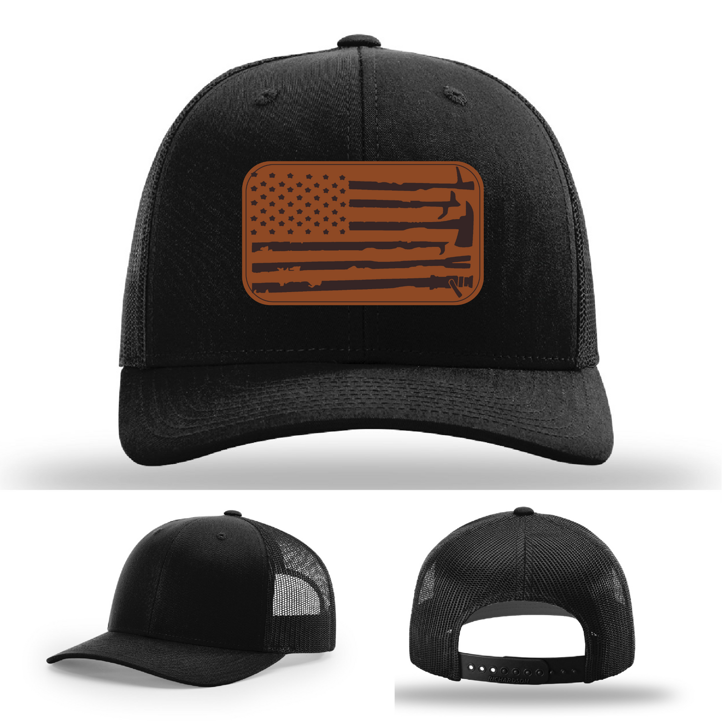 Leather patch firefighter hat – Richardson cap with fire tool American flag design