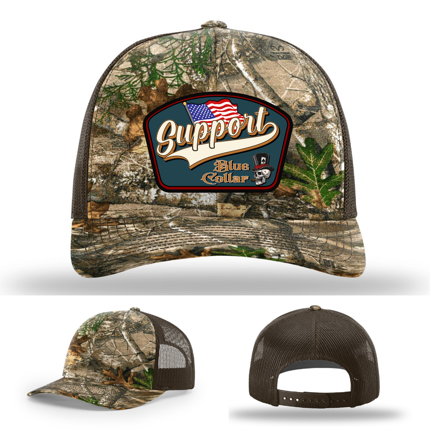 Richardson leather patch hat with 'Support Blue Collar' American flag design