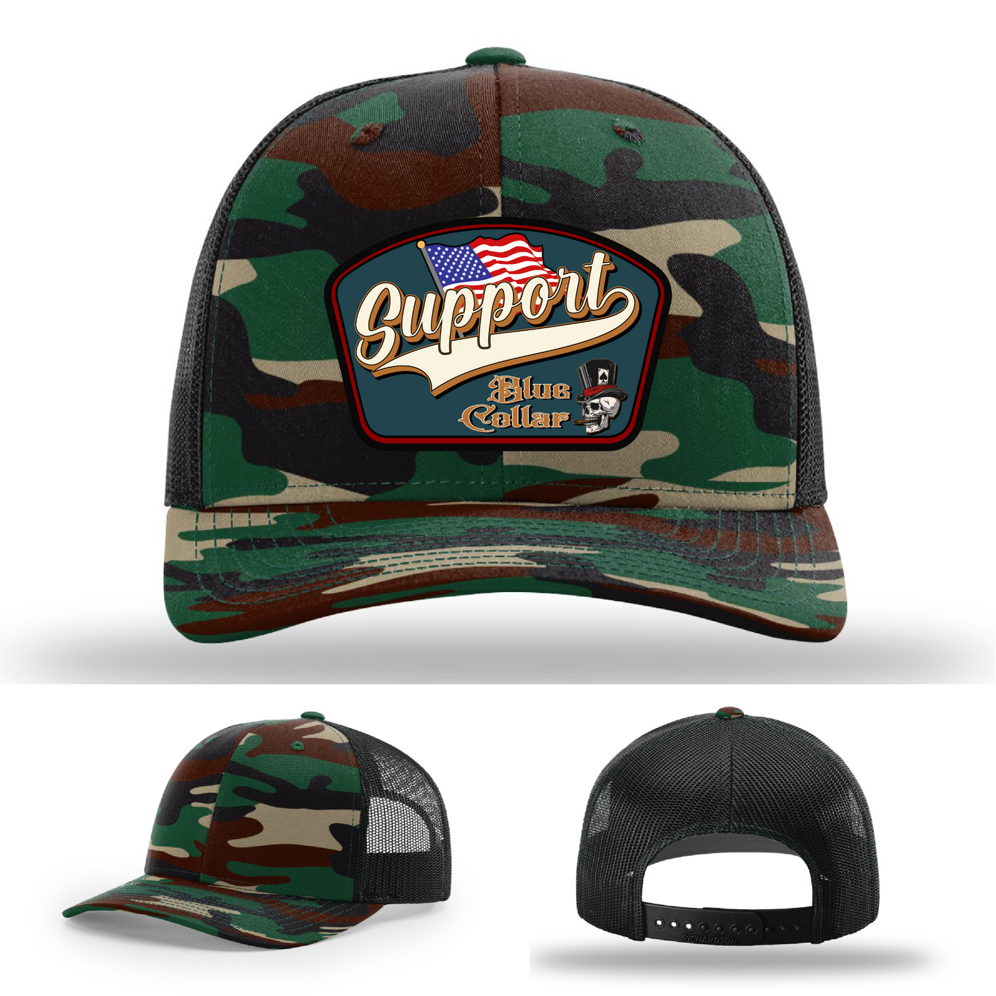 Richardson leather patch hat with 'Support Blue Collar' American flag design