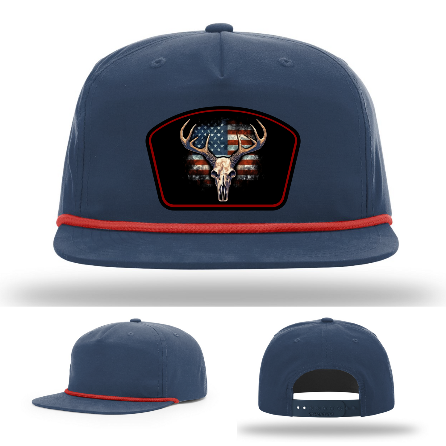 U.S. flag deer skull patch hat options – variant logos shown