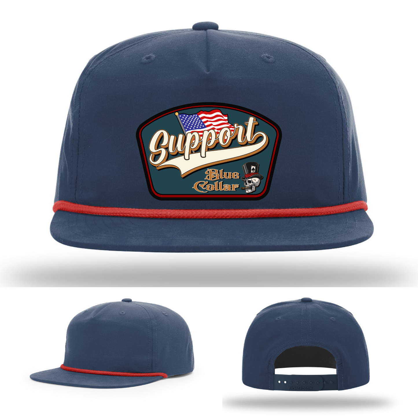 Richardson leather patch hat with 'Support Blue Collar' American flag design