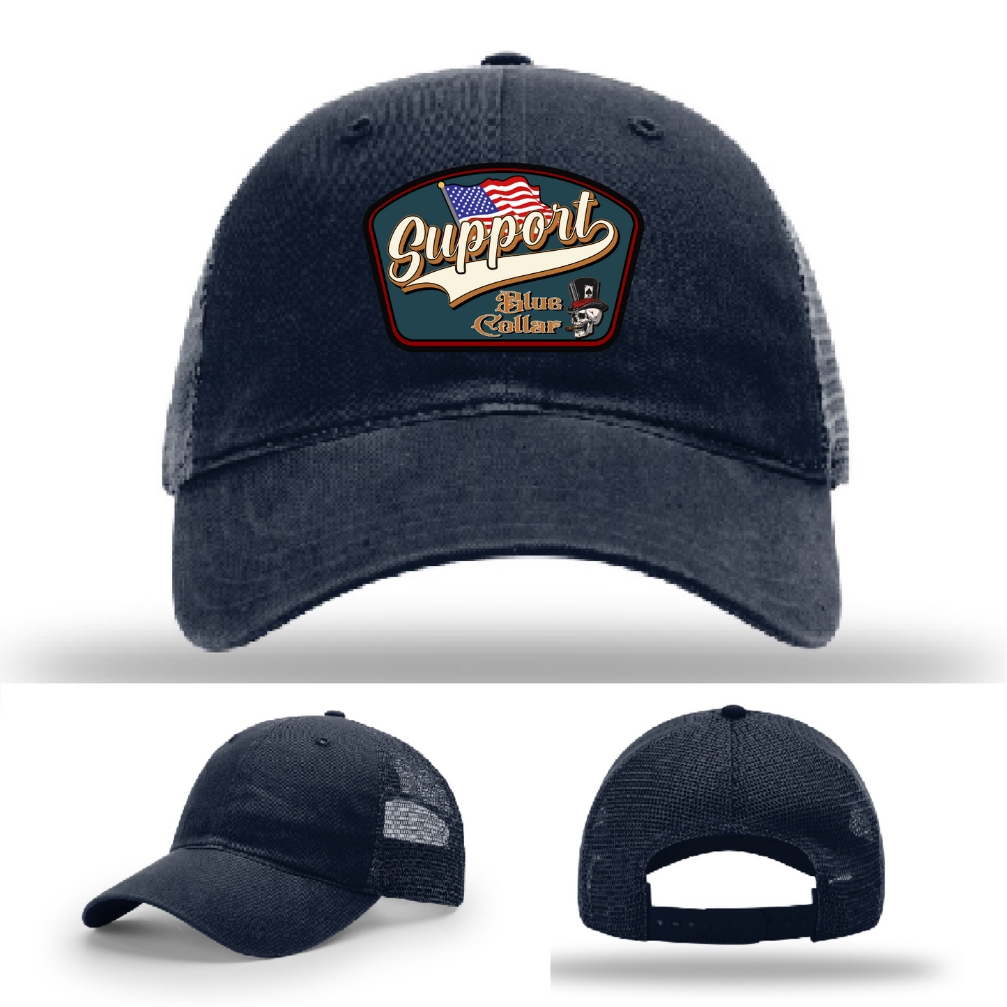 Richardson leather patch hat with 'Support Blue Collar' American flag design