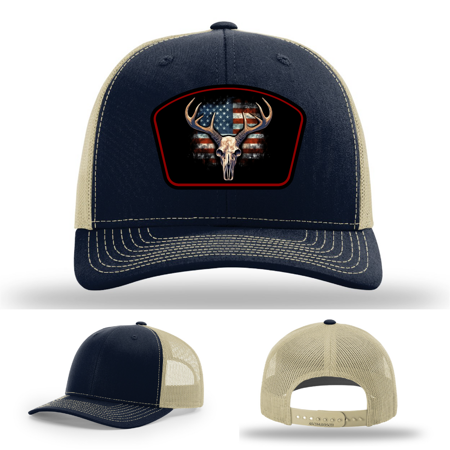 American flag deer patch variations – different hat logo styles shown