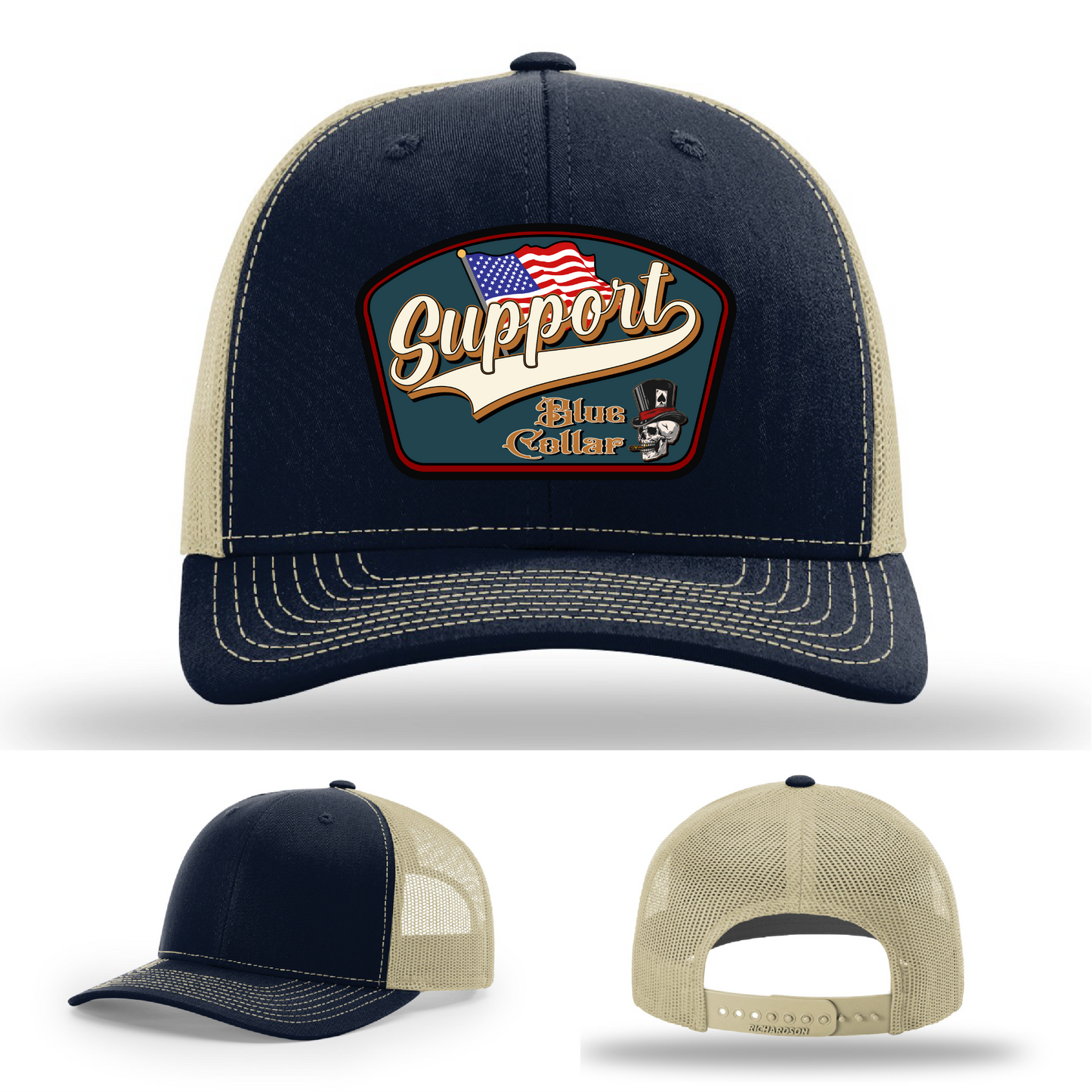 Richardson leather patch hat with 'Support Blue Collar' American flag design