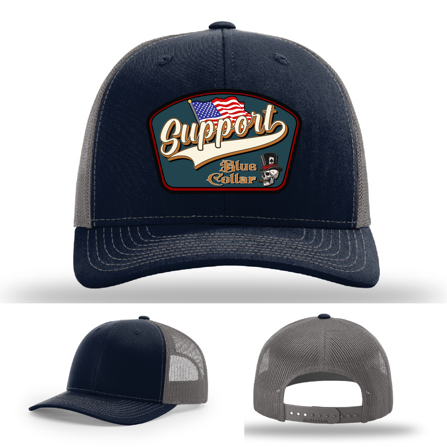Richardson leather patch hat with 'Support Blue Collar' American flag design