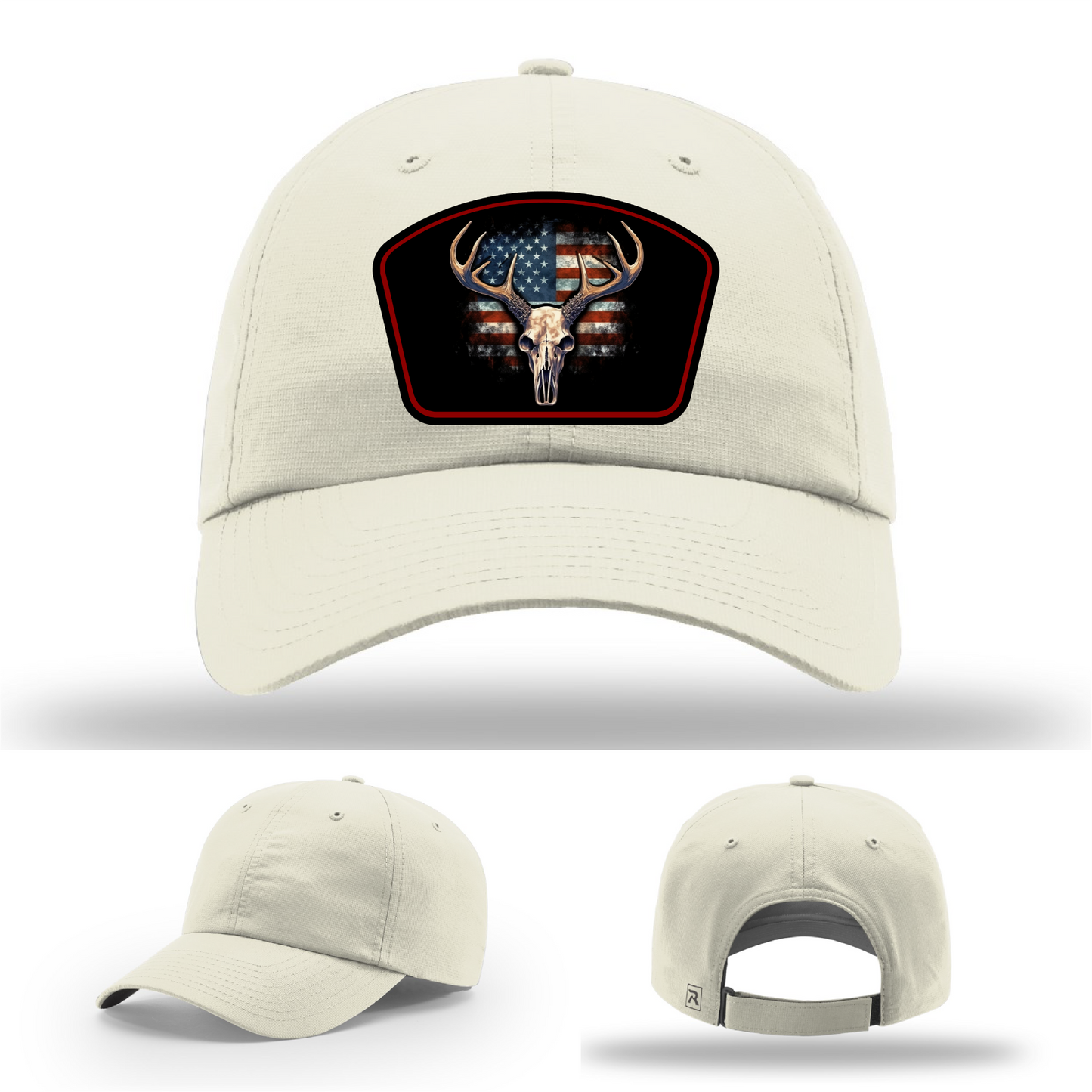 U.S. flag deer skull patch logos – shown across hats