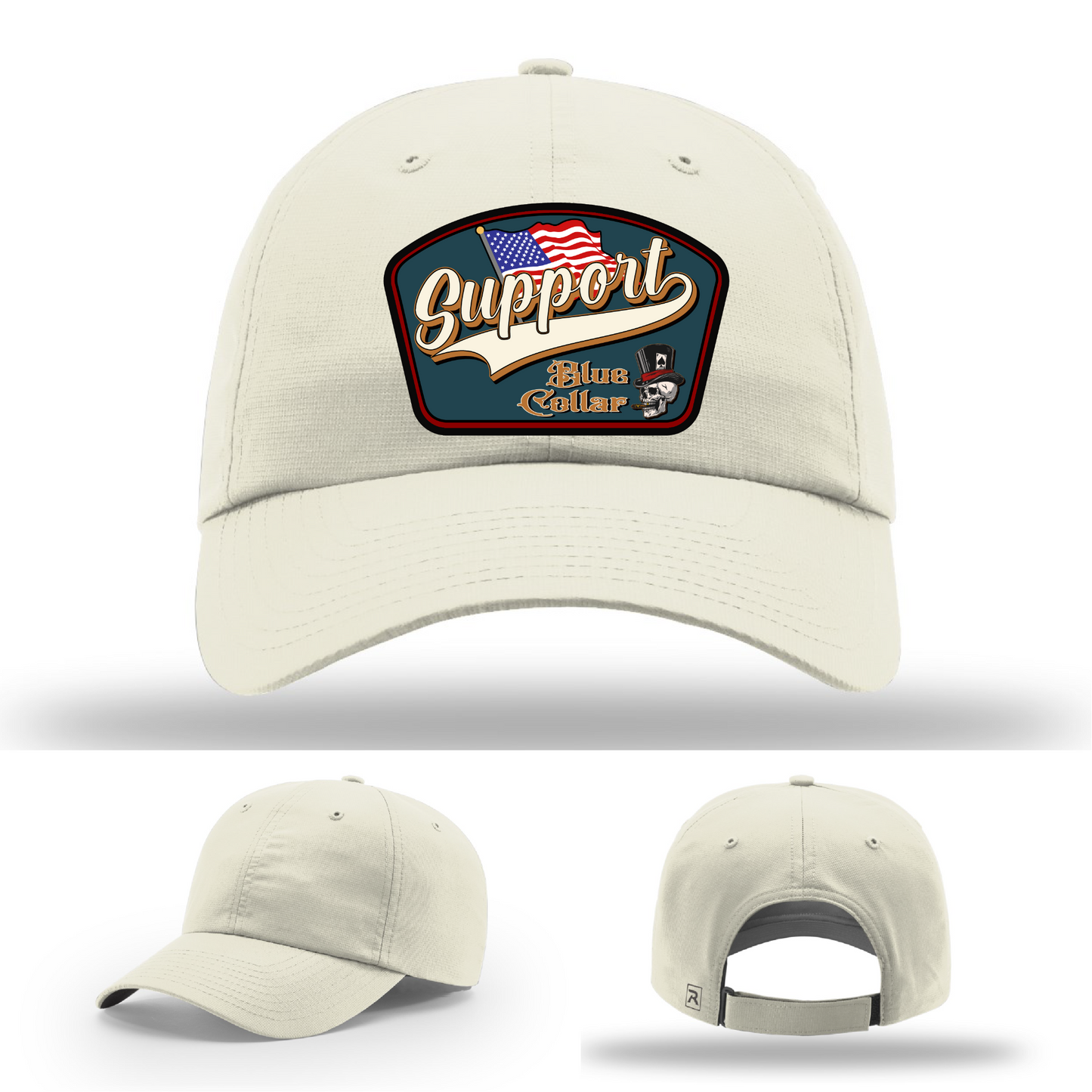 Richardson leather patch hat with 'Support Blue Collar' American flag design