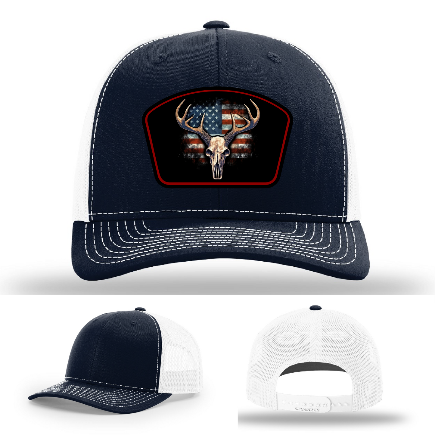 Buck skull patch hat variants – Richardson logos with patriotic detail