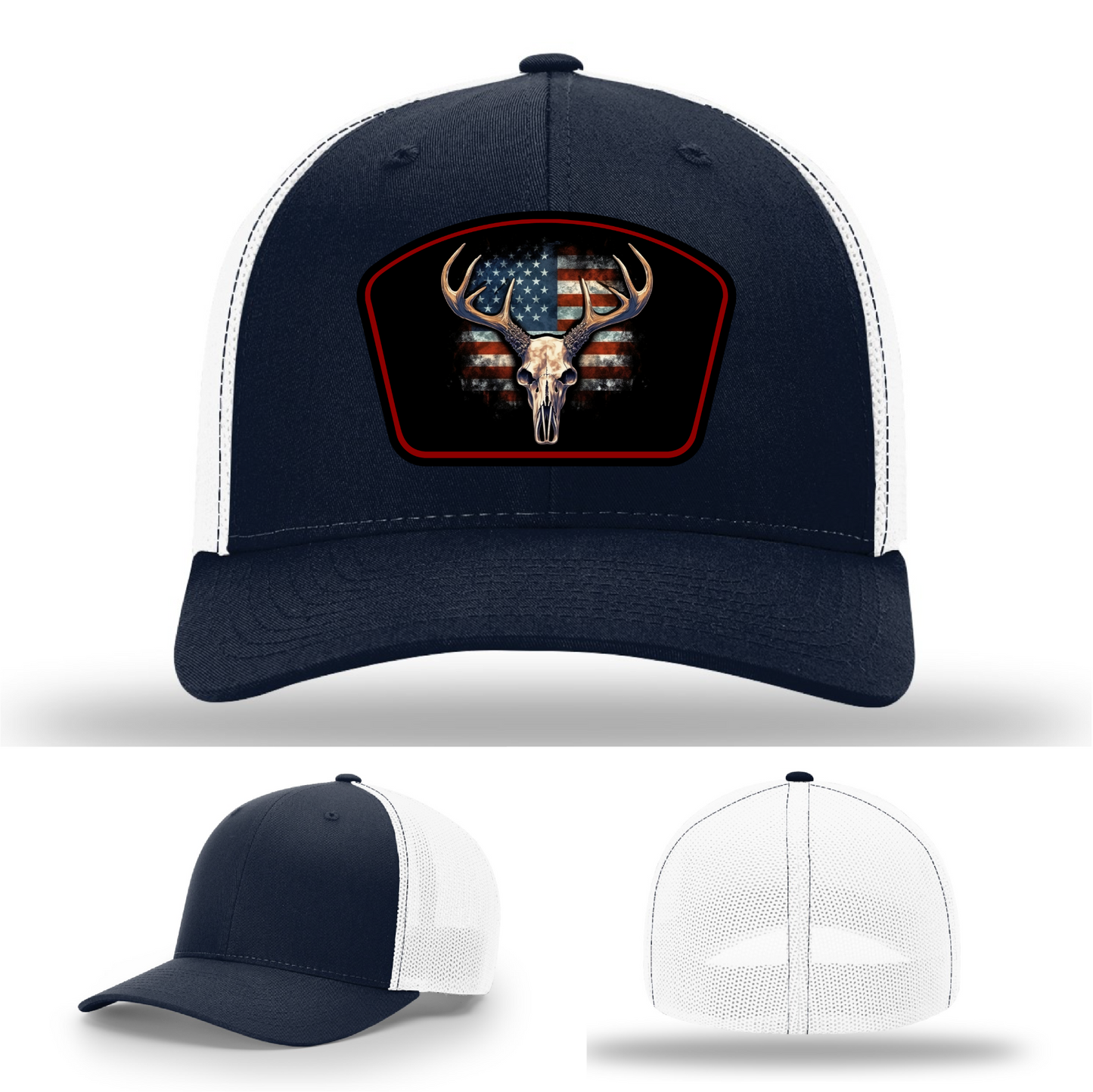Hat logo variants – multiple designs of American flag deer skull patch