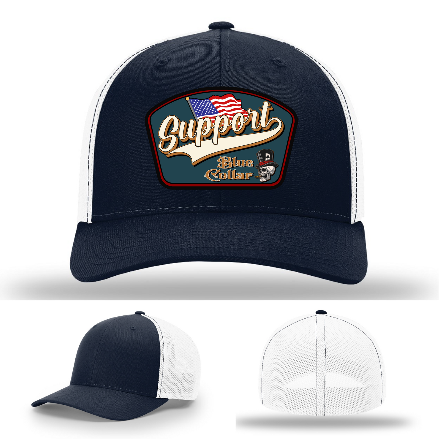 Richardson leather patch hat with 'Support Blue Collar' American flag design