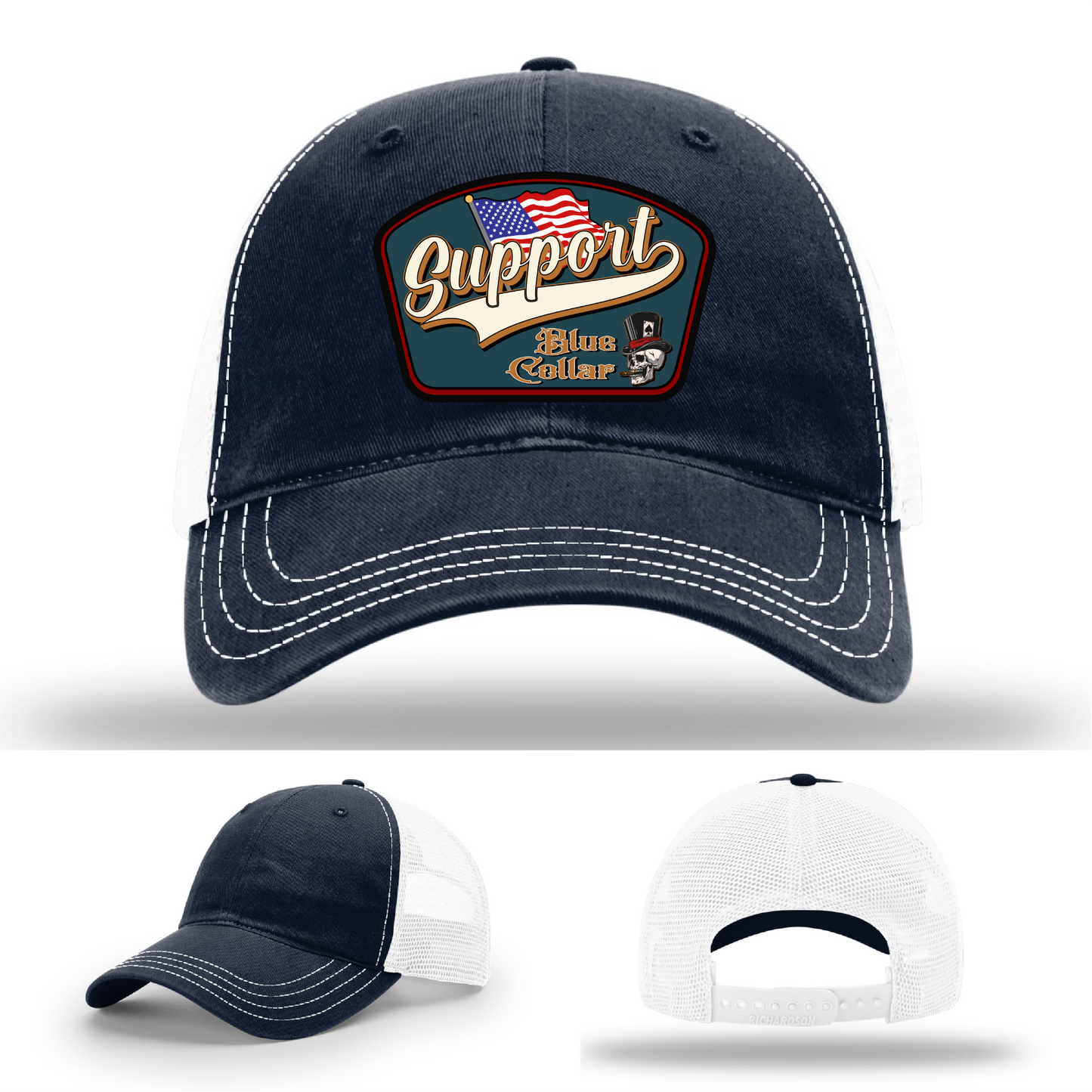 Richardson leather patch hat with 'Support Blue Collar' American flag design