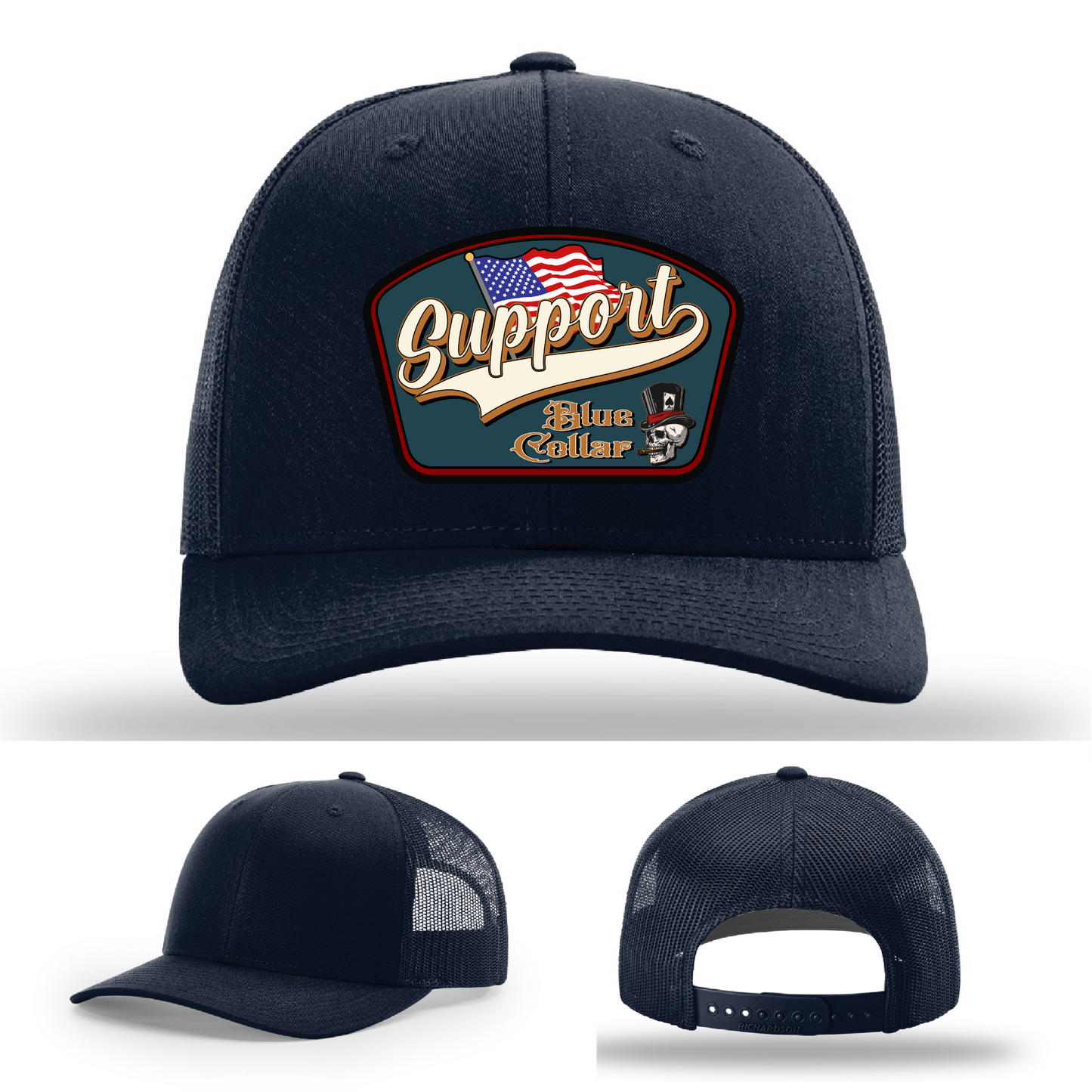 Richardson leather patch hat with 'Support Blue Collar' American flag design
