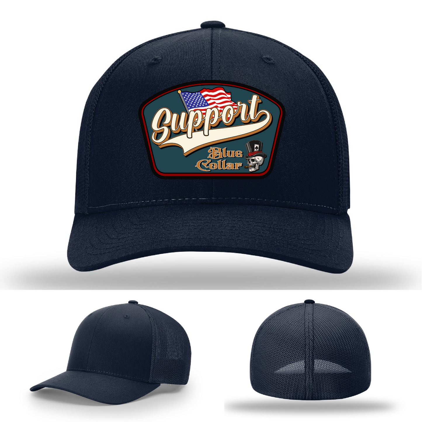 Richardson leather patch hat with 'Support Blue Collar' American flag design