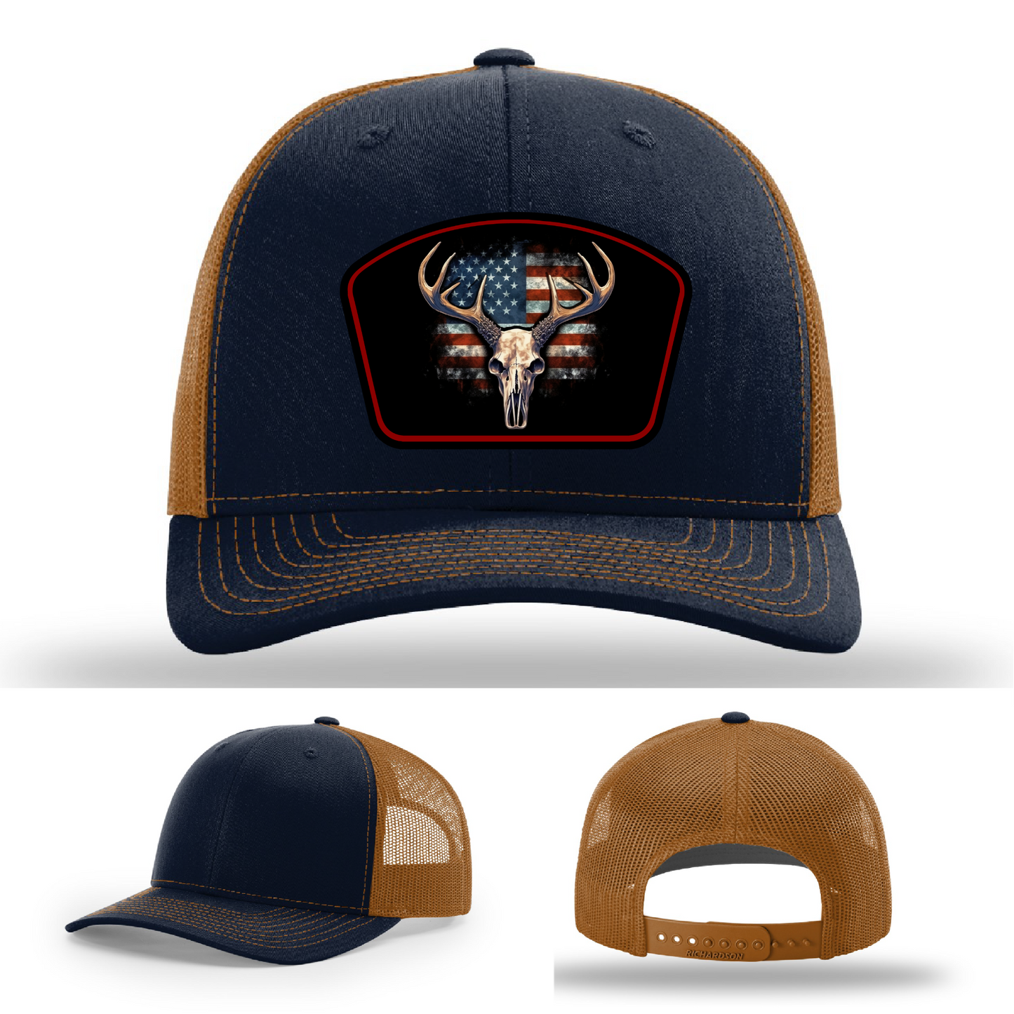 Leather patch variants – deer skull logo with U.S. flag on Richardson hats