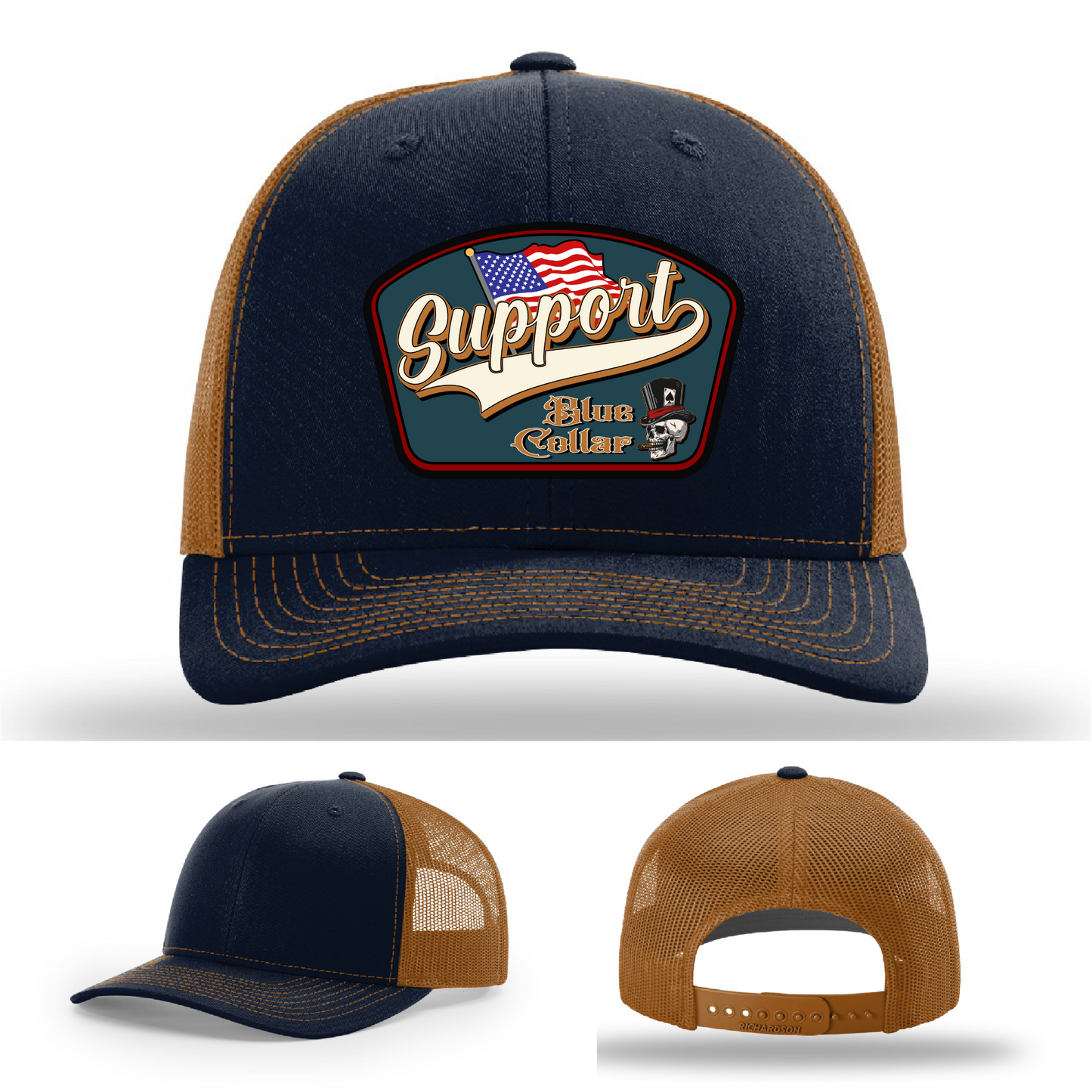 Richardson leather patch hat with 'Support Blue Collar' American flag design