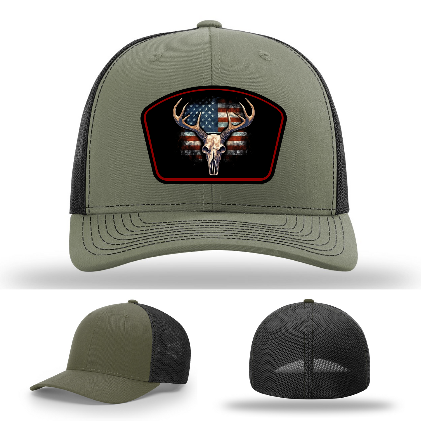 Variant logo styles of patriotic deer skull – seen across Richardson hats