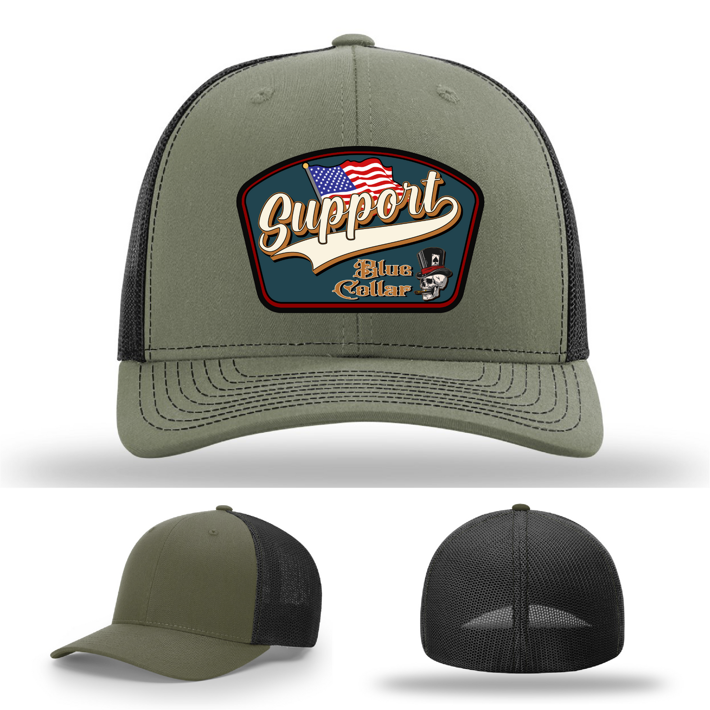 Richardson leather patch hat with 'Support Blue Collar' American flag design