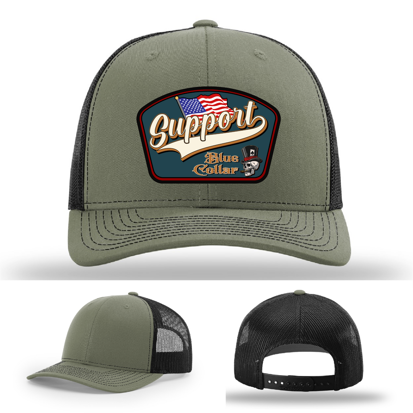 Richardson leather patch hat with 'Support Blue Collar' American flag design