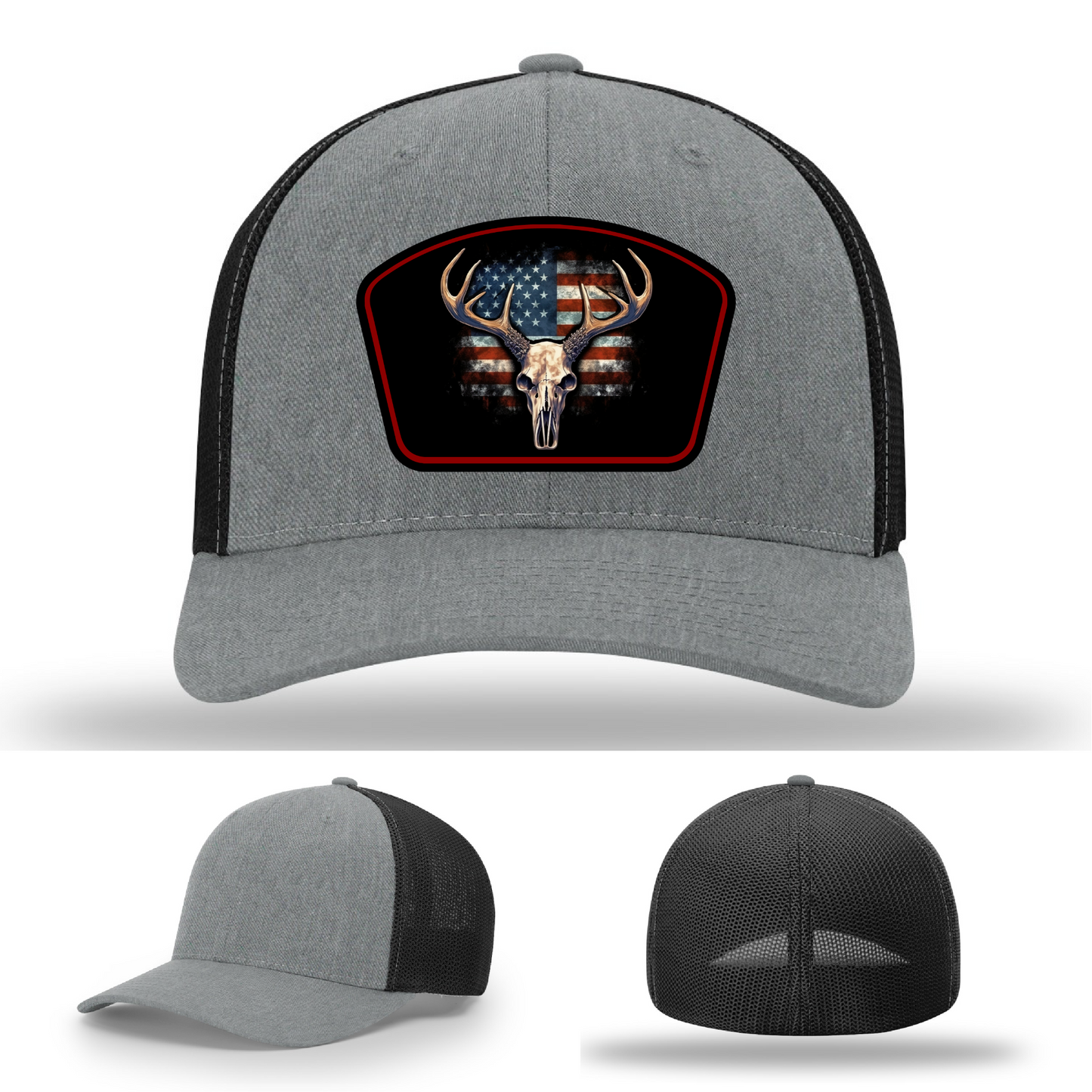 Deer skull leather patch hats – shown in multiple patriotic logo styles