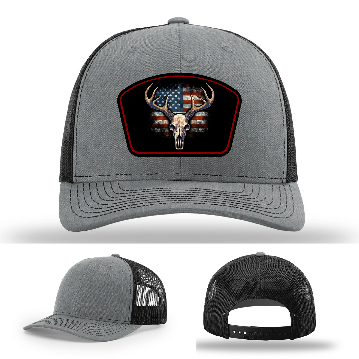Buck skull American patch design – hat logo variants with unique flag styles