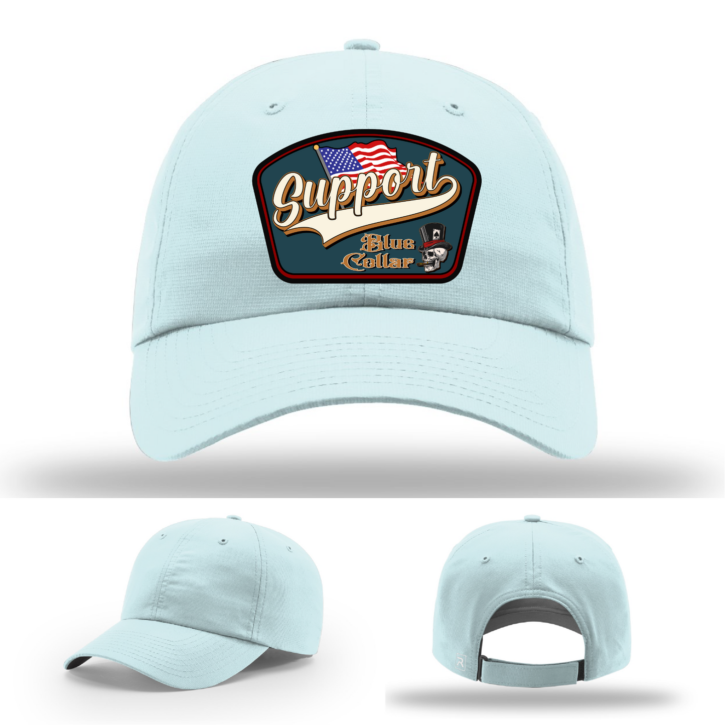 Richardson leather patch hat with 'Support Blue Collar' American flag design